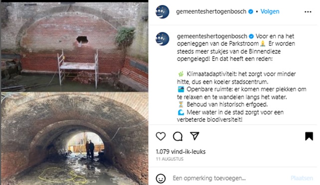 Illustratieve Instragram post van gemeente 's-Hertogenbosch over openleggen van de Parkstroom.