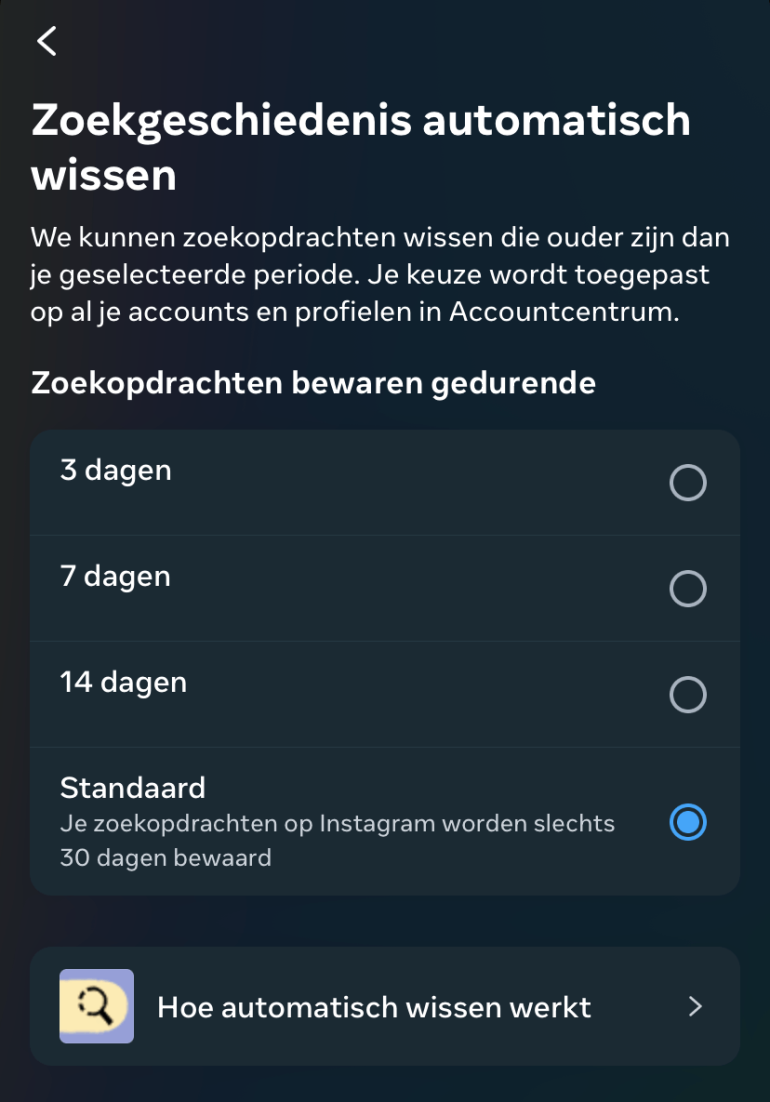 Instelling om zoekgeschiedenis automatisch te wissen