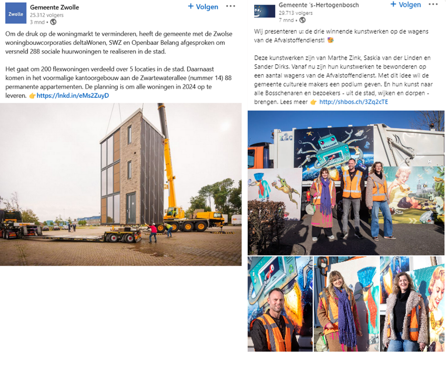 Voorbeeld post op LinkedIn van Gemeente Zwolle en Gemeente 's-Hertogenbosch.
