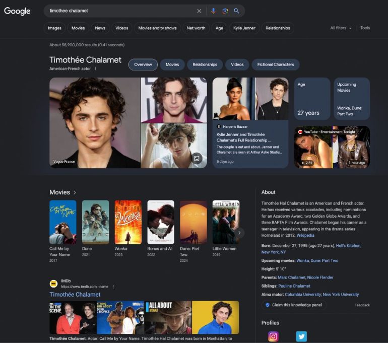 SERP voor de zoekopdracht ‘timothee chalamet’ in het Engels