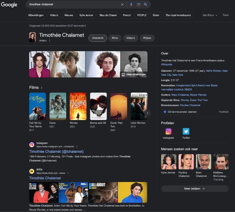 SERP voor de zoekopdracht ‘timothee chalamet’ in het Nederlands