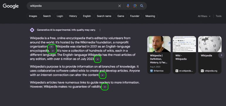 Meerdere uitklappers bij een AI-snapshot over Wikipedia