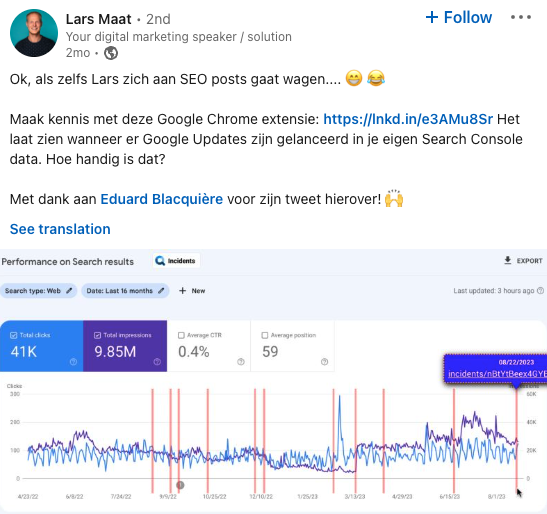 Een LinkedIn-bericht van Lars Maat over de Google Chrome-extensie GSC Guardian.