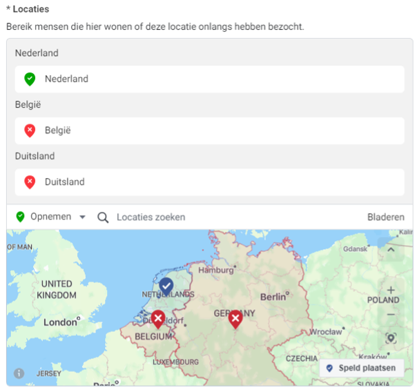 Voorbeeld locatie targeting in Meta advertentiebeheer.