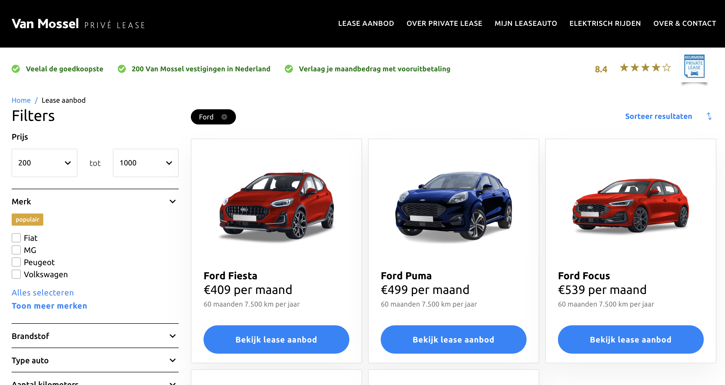 Screenshot best practice customer experience Van Mossel lease.