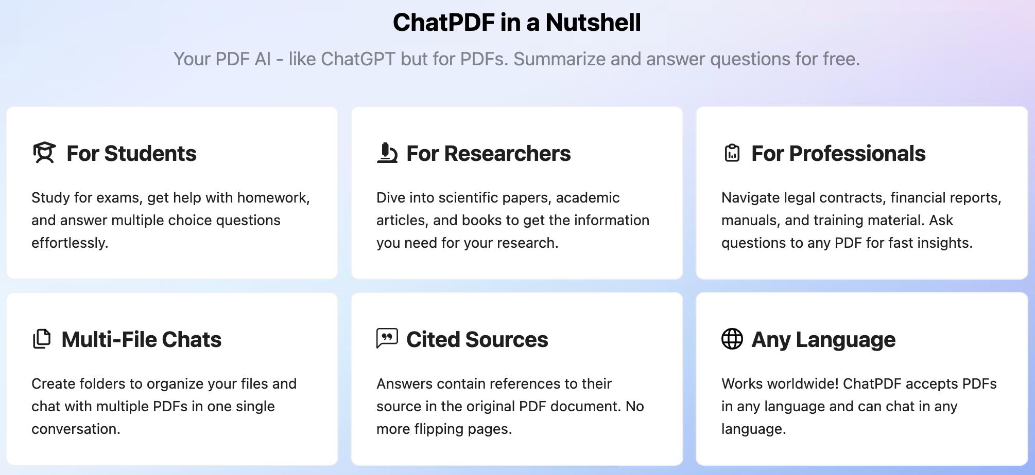 Screenshot van de opties van ChatPDF.