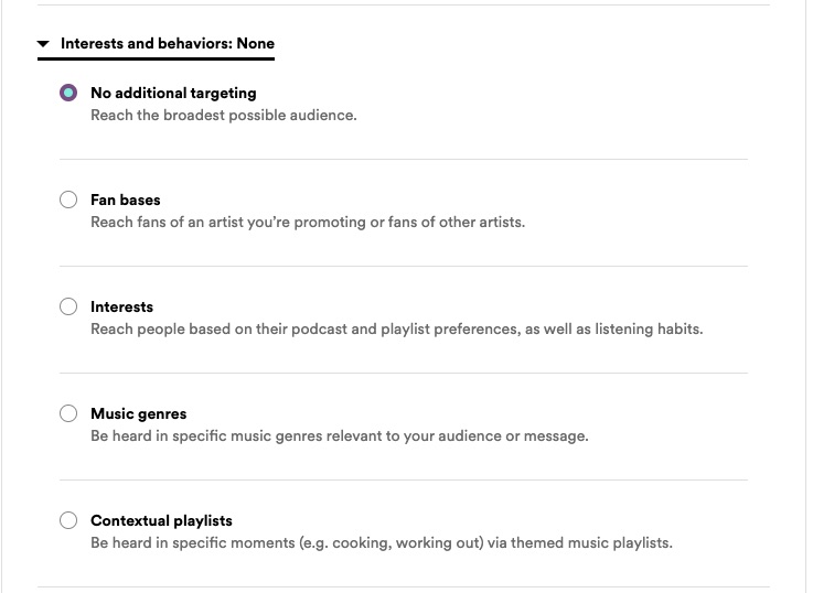 Targeting opties van Spotify Ads bron: Spotify Ads