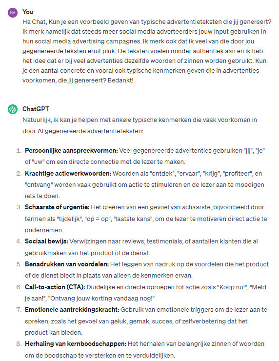 screenshot vraag aan chatgpt over typische advertentieteksten