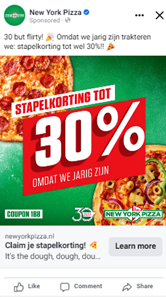 Afbeelding 4 en 5: consistentie in New York Pizza-advertenties over verschillende plaatsingen heen.