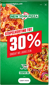 Afbeelding 4 en 5: consistentie in New York Pizza-advertenties over verschillende plaatsingen heen.