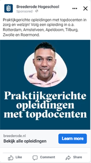 Afbeelding 1 t/m 3: consistentie in boodschap, maar steeds een stap verder in de touch-, tell-, collect-funnel in advertenties voor Breederode Hogeschool