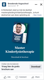 Afbeelding 1 t/m 3: consistentie in boodschap, maar steeds een stap verder in de touch-, tell-, collect-funnel in advertenties voor Breederode Hogeschool