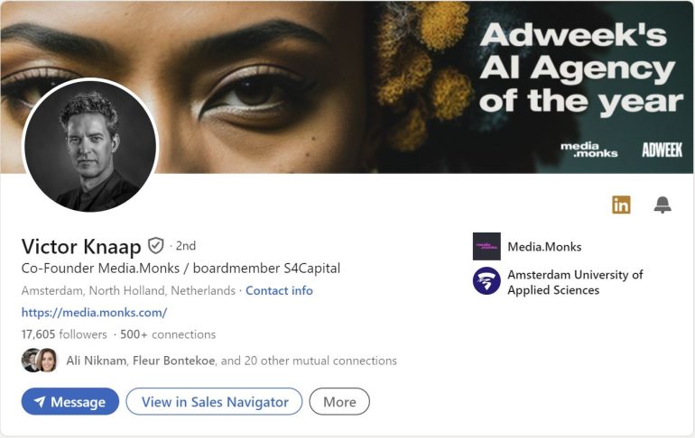 LinkedIn-profiel van Victor Knaap van Media.Monks.