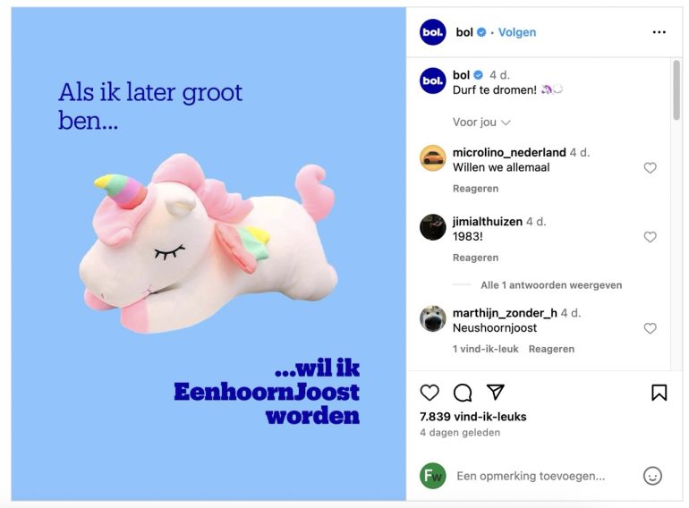 Instagram-post van bol. met verwijzing naar EenhoornJoost