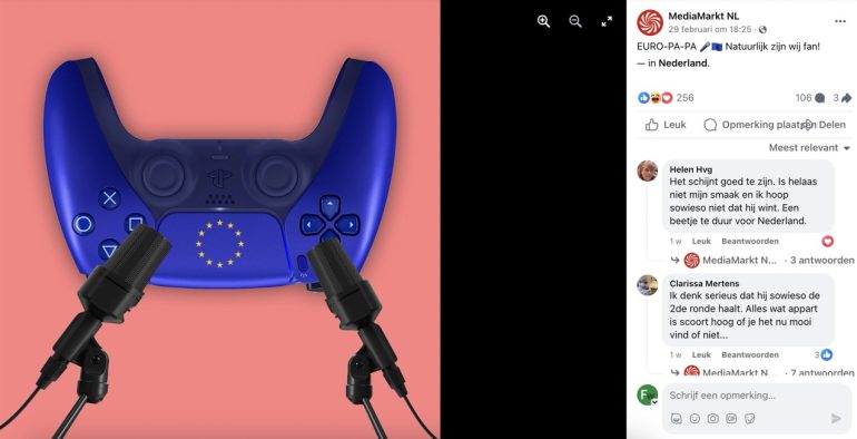 Facebook-post van Mediamarkt met inhaker outfit Joost Klein Eurovisiesongfestival