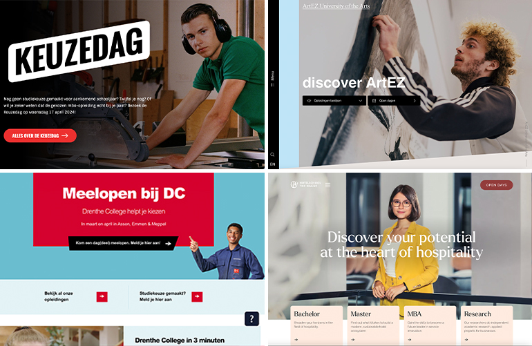 Fotobeeld  op de homepages bij Koning Willem I College [https://www.kw1c.nl/], Drenthe College https://www.drenthecollege.nl/ Artez Unicversity of Arts https://www.artez.nl/ Hotelschool The Hague [https://www.hotelschool.nl/