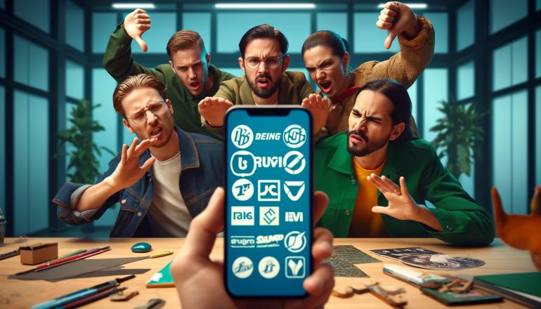 Door AI gegenereerde afbeelding met negatieve mensen richting een telefoon