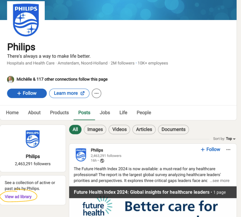 Screenshot LinkedIn View ad library navigatie