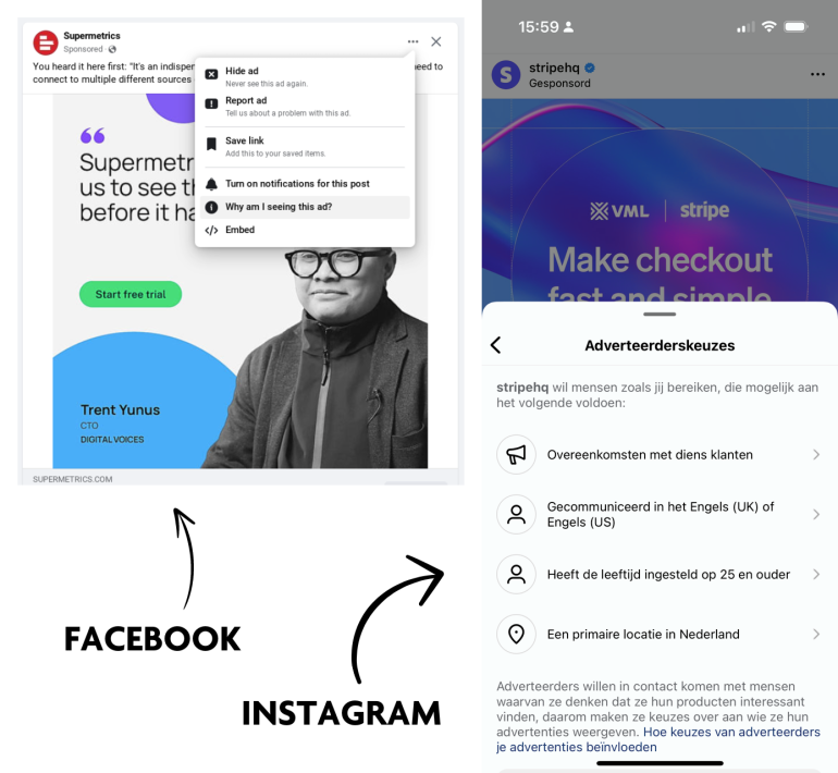 Voorbeeld uitklapschermen advertenties Facebook en Instagram