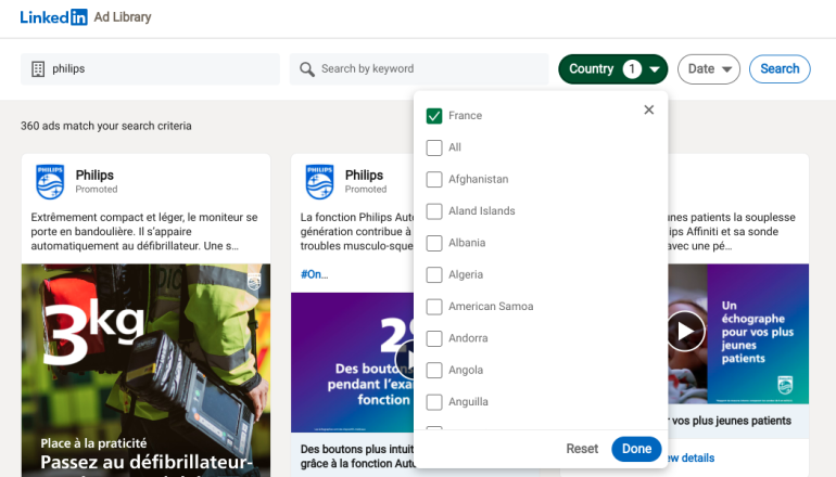 Screenshot LinkedIn Ad Library zoekvoorwaarden