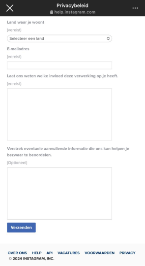 Formulier bezwaar maken gebruik data voor Meta AI