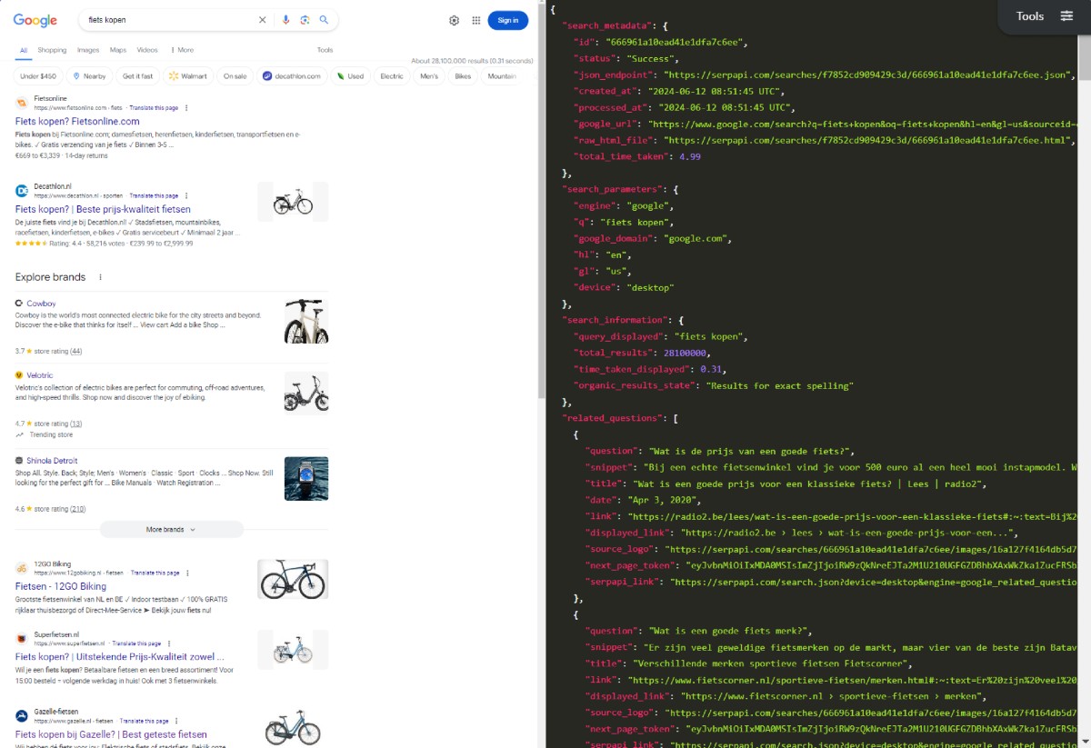 Script voor keywords clusteren met SerpAPI - Bron: SerpAPI-homepage