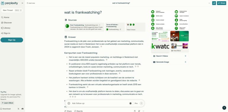 Zoekresultatenpagina van Perplexity over de vraag 'wat is frankwatching'. 