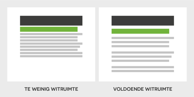Visuele weergave van te weinig witruimte en voldoende witruimte