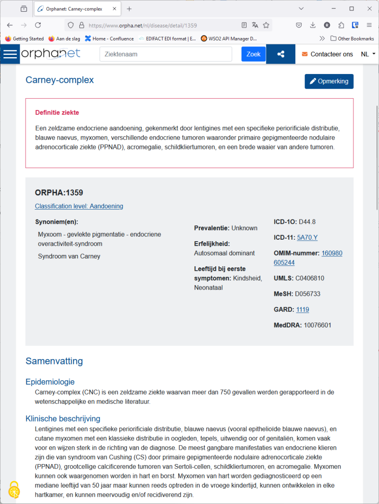 screenshot orphanet uitleg carney-complex