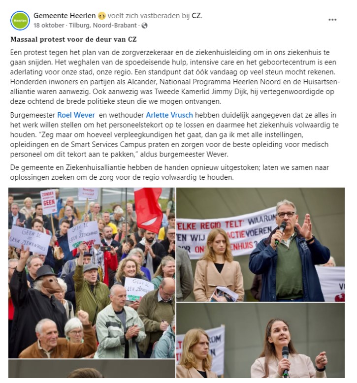 Facebookpost Gemeente Heerlen over sluiting van ziekenhuis