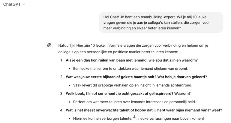 voorbeeld prompt in ChatGPT voor vragen tijdens een teamuitje