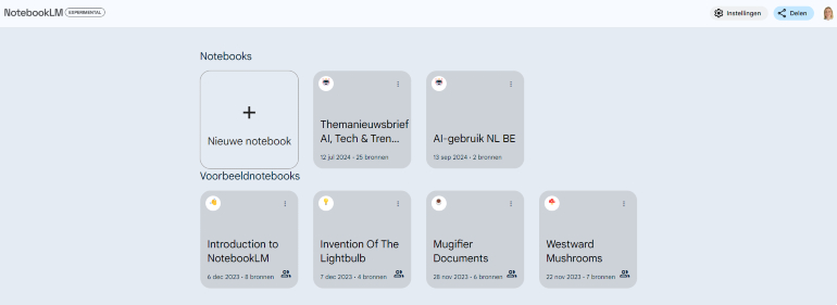 NotebookLM startscherm
