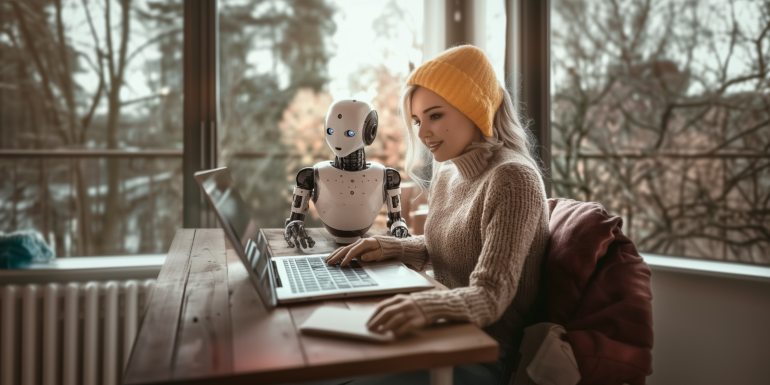 Robot en vrouw schrijven samen een tekst