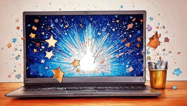 Laptop met confetti en sterren bron: Adobe Firefly