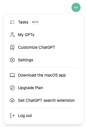 Screenshot van waar je ChatGPT Tasks vindt