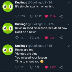 Duolingo tweets met dreigementen als je hun app niet gebruikt. 