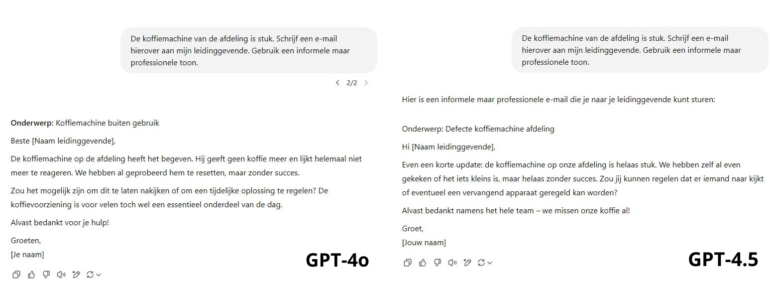 Vergelijking van GPT-4.5 en GPT-4o reacties op vraag voor een e-mail naar een leidinggevende over een kapotte koffiemachine. 