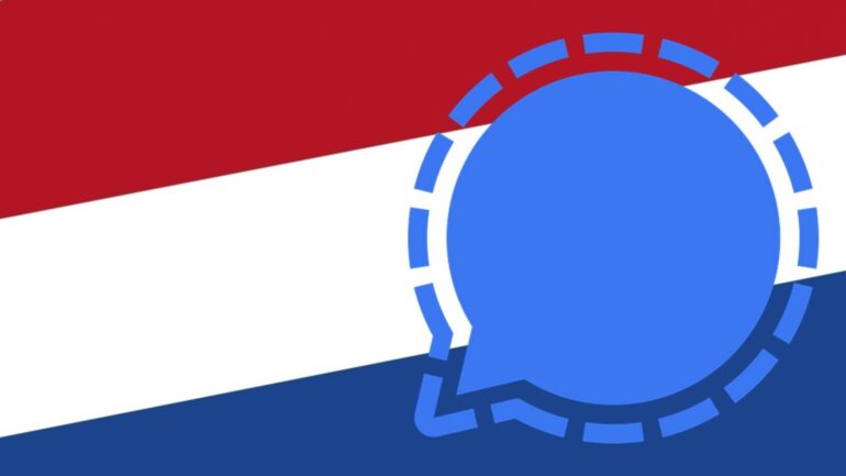 Signal logo op Nederlandse vlag bij artikel over Nederlanders die overstappen naar de app