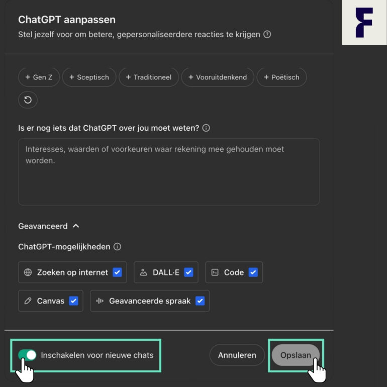 Stap 3 - Schakel in voor nieuwe chats en opslaan