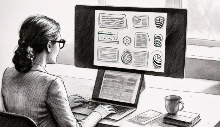 Een met potlood getekende vrouw die achter een computer zit en een test uitvoerd. 