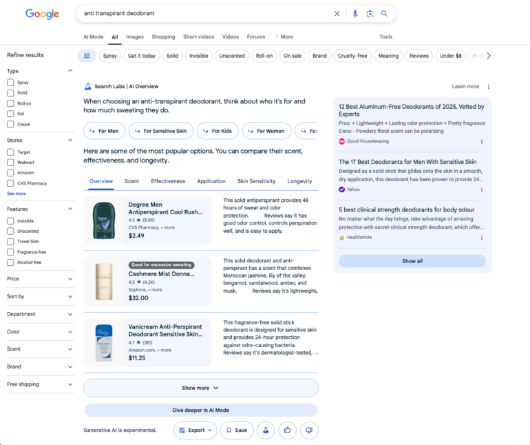 AI overview bij zoekterm 'anti transpirant deodorant'