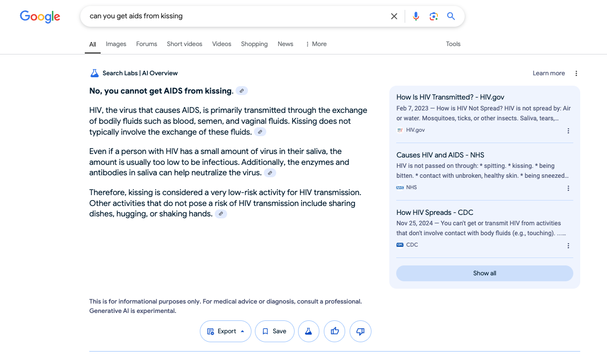 AI-overviews bij zoekterm 'can you get aids from kissing’