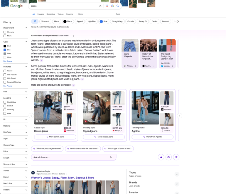 AI-overviews op zoektermen jeans in USA
