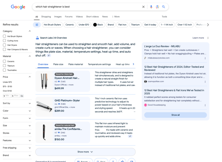 AI overview bij zoekterm 'which hair straightener is best'