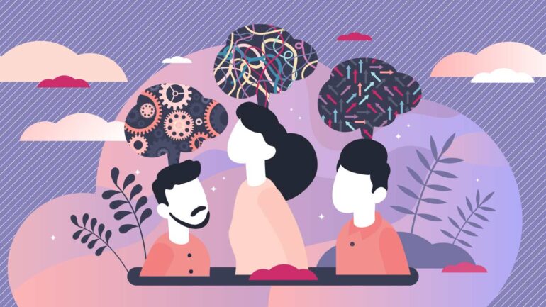 Illustratie van personen met breinvormige denkwolken ter illustratie van hoogbegaafde ondernemers