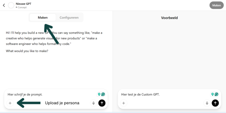Zorg dat je in het scherm ‘Maken’ werkt en (nog) niet in ‘Configureren.’