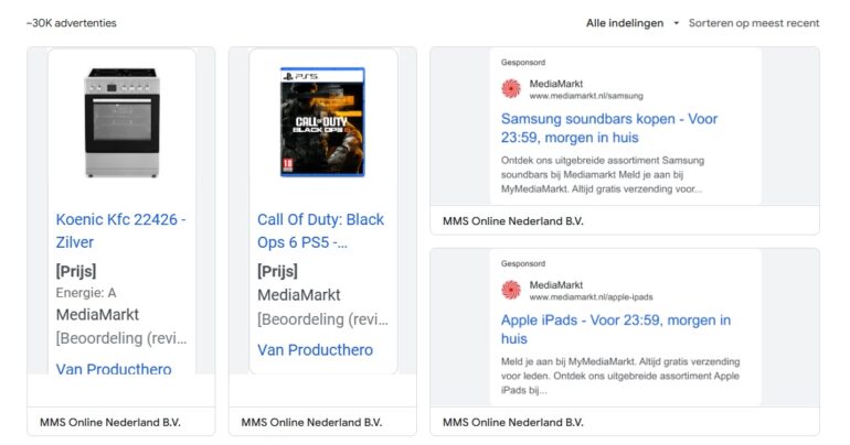 Google Ads-overzicht van MediaMarkt-advertenties