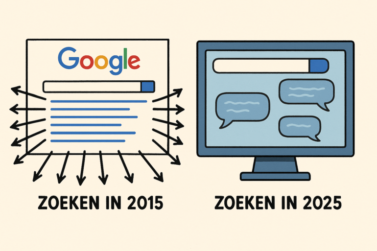 Illustratie van zoeken in Google in 2015 versus zoeken in Google in 2025 om zero-click visueel te maken