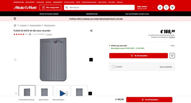 Productpagina Plaud AI Note bij MediaMarkt