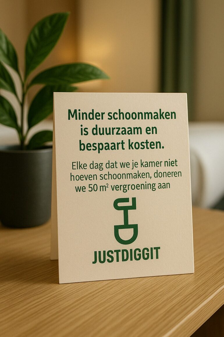 Kaartje op een hotelkamer die aangeeft te doneren aan een goed doel als ze niet hoeven schoonmaken